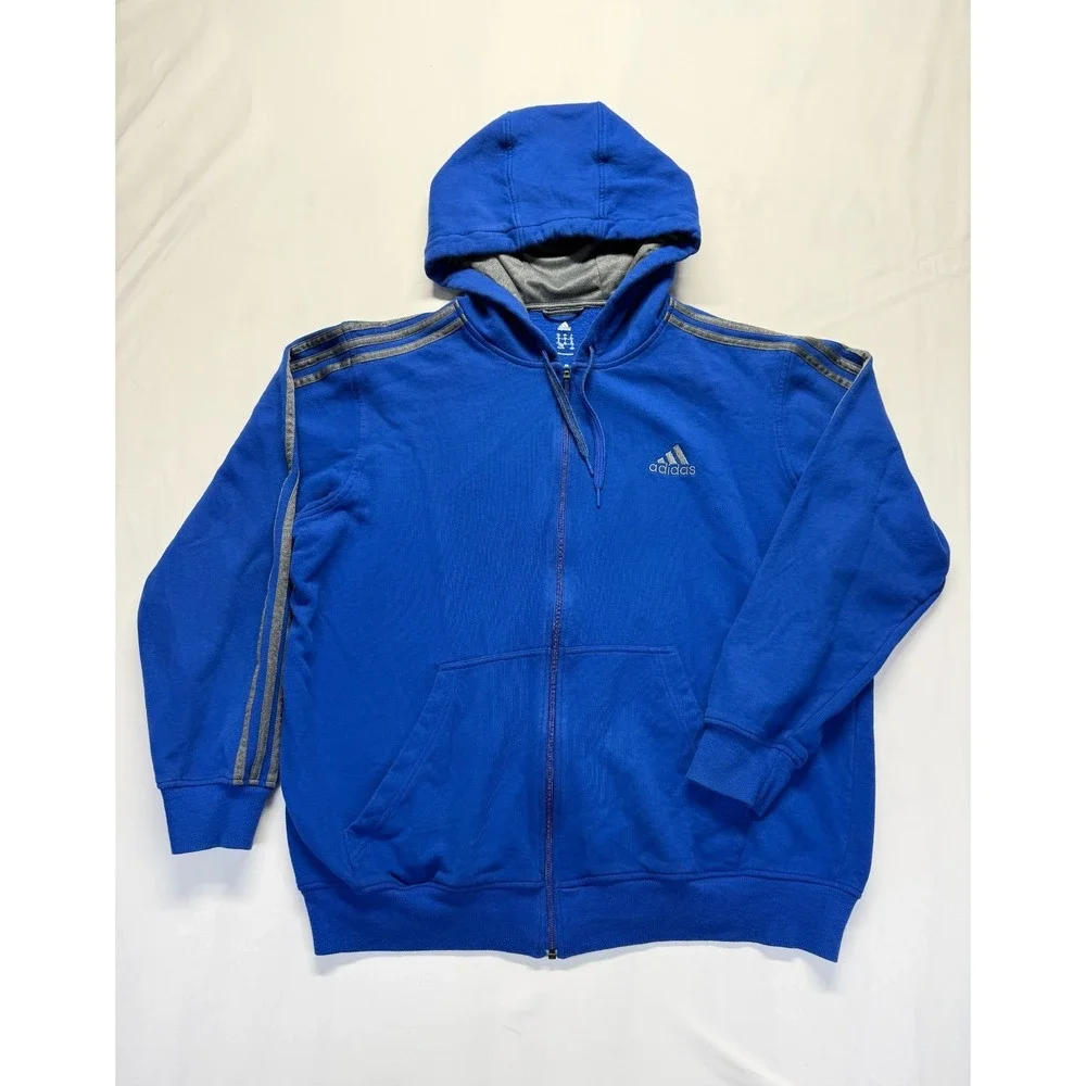 Adidas Essentials Hoodie Mens XL Blue Gray 3 Stripes Logo Fleece Lined‎ Full Zip